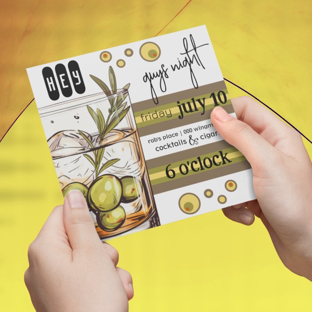 Invitation Verre rocheux | Olives | Sortie nocturne des garço (Boys night out bachelor party customizable invitation with olives and rocks glass. )