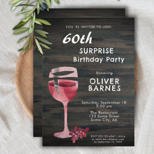 Invitation Verre rouge Bois 60e anniversaire Surprise Party