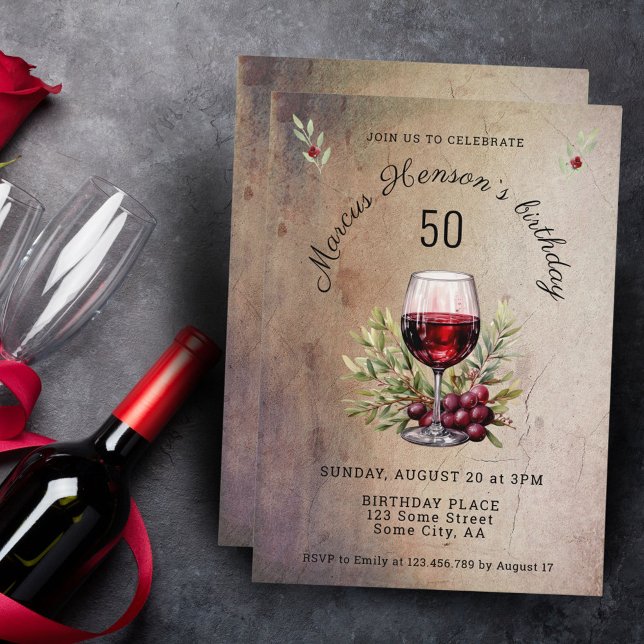 Invitation Verre rouge Olive Aquarelle 50e anniversaire (Créateur téléchargé)