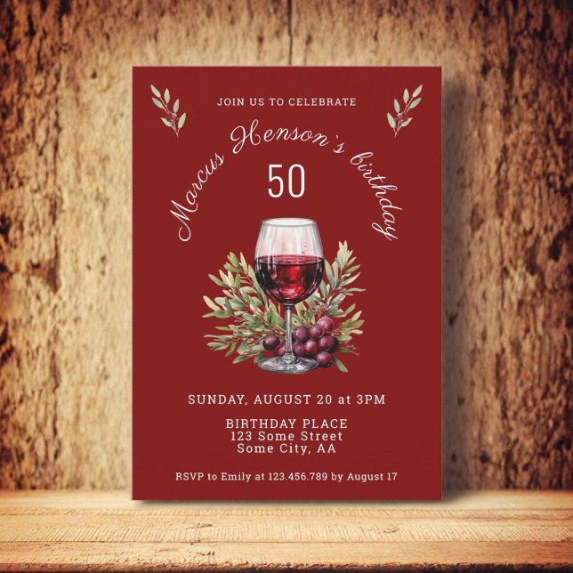 Invitation Verre rouge Olive Aquarelle 50e anniversaire (Créateur téléchargé)