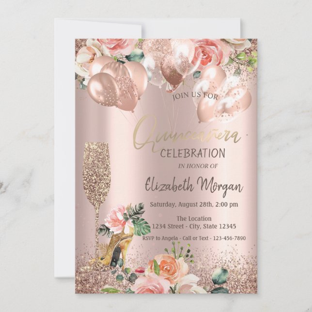 Invitation Verre, talons hauts, Roses, Balloons Quinceañera (Devant)
