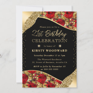 Invitation Verre tendu Roses rouge et or 21e anniversaire