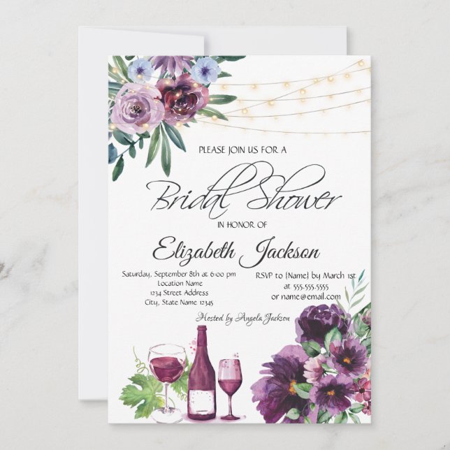 Invitation Verre Vin Lumières Violet Fleurs Fête des mariées (Devant)