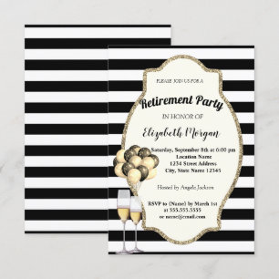 Invitation Verres à vin Rayures Noires ,Ballons, Fête de Retr