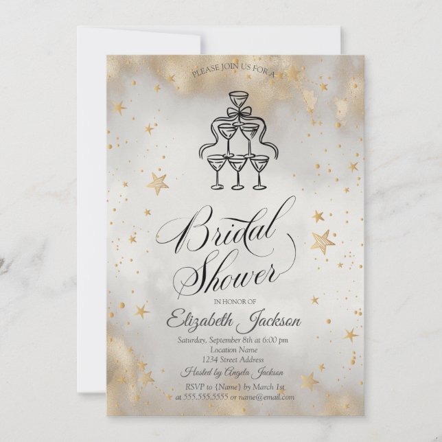 Invitation Verres Champagne Gold Stars Fête des mariées (Devant)