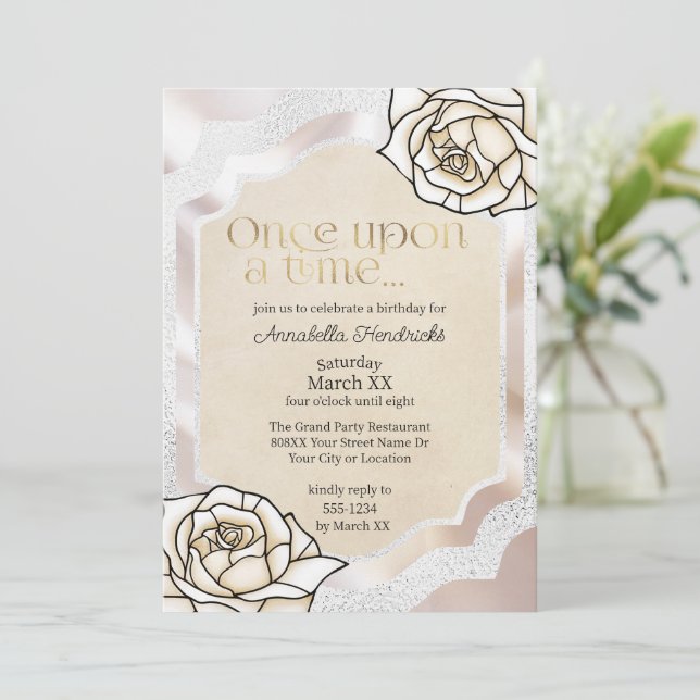 Invitation Verres de laque de Fairytale Roses blanches (Debout devant)