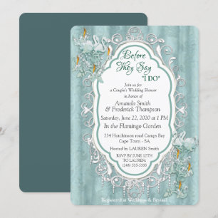 Invitation Verres de soie verte Sage & fleurs de flamants