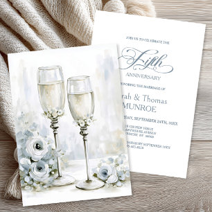 Invitation Verrres à champagne floraux gris 5ème anniversaire