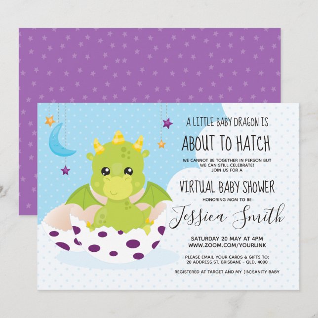 Invitation Vers Hatch Dragon | Baby shower virtuel (Devant / Derrière)
