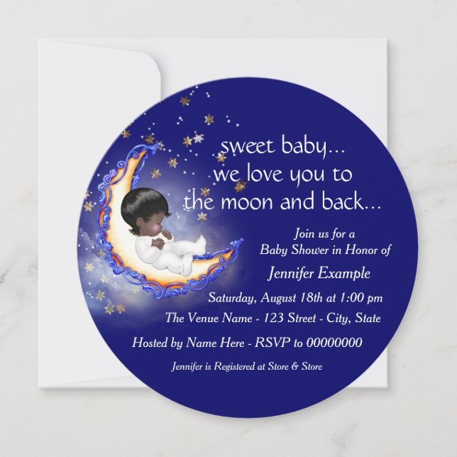 Invitation Vers la lune et le Baby shower afro-américain (Devant)