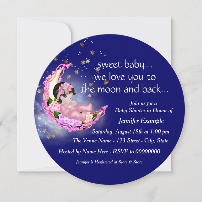 Invitation Vers le Baby shower Lune et Arrière (Devant)