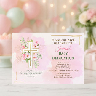 Invitation Verset de dédicace de bébé à la croix florale aqua