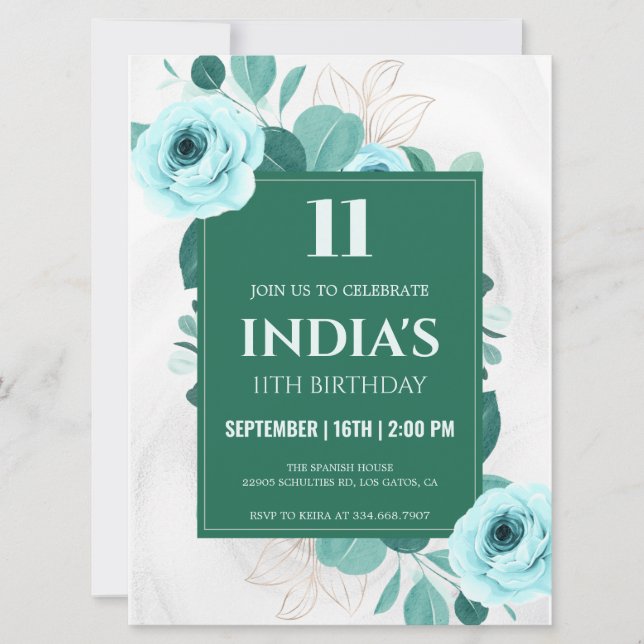 Invitation Vert aquarelle Floral 11e anniversaire (Devant)