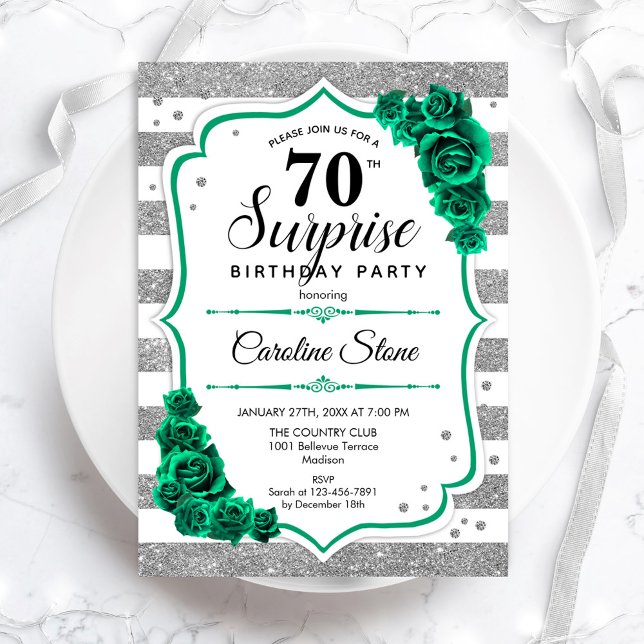 Invitation Vert Argent Blanc Surprise 70e anniversaire (Créateur téléchargé)