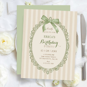 Invitation Vert beige élégant vintage doux anniversaire à nœu