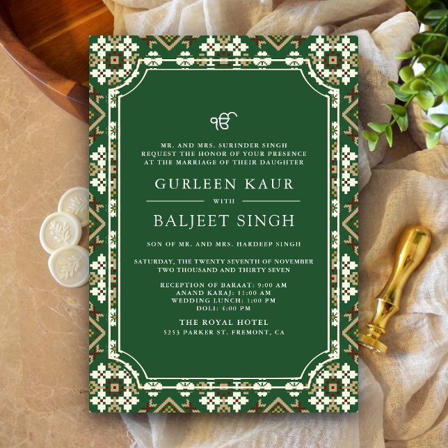 Invitation Vert Beige Ikat Anand Karaj Sikh Mariage (Créateur téléchargé)