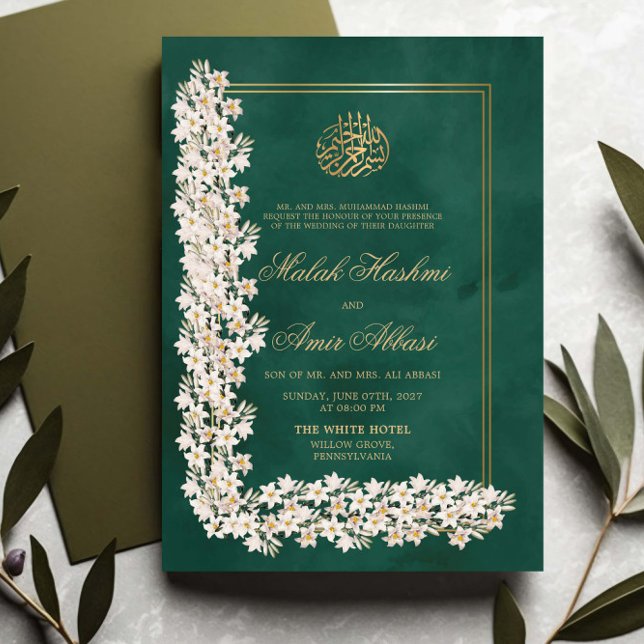 Invitation Vert blanc floral chic islamique Mariage musulman (Créateur téléchargé)