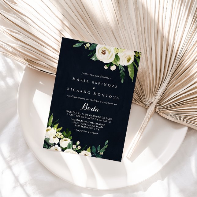 Invitation Vert Blanc Floral Royal Blue Espagnol Mariage (Créateur téléchargé)