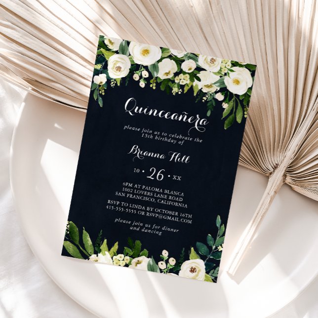 Invitation Vert blanc Floral Royal Blue Quinceañera (Créateur téléchargé)