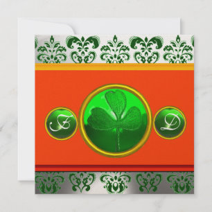 INVITATION VERT BLANC ORANGE DAMAS , MONOGRAMME TRÈFLE