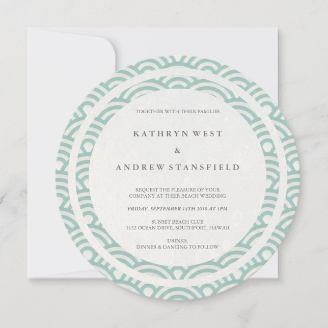 Invitation Vert + Blanc Stylisé Vagues Élégantes Mariage plag (Devant)