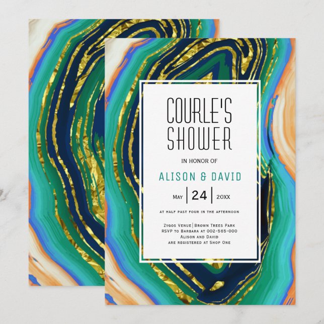 Invitation Vert, bleu, agneau de pêche, couple feuille or dou (Devant / Derrière)