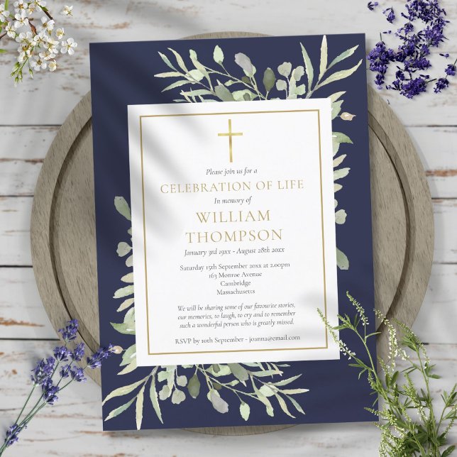 Invitation Vert bleu Célébration de la vie funéraire (Greenery Blue Celebration of Life Funeral Invitation)