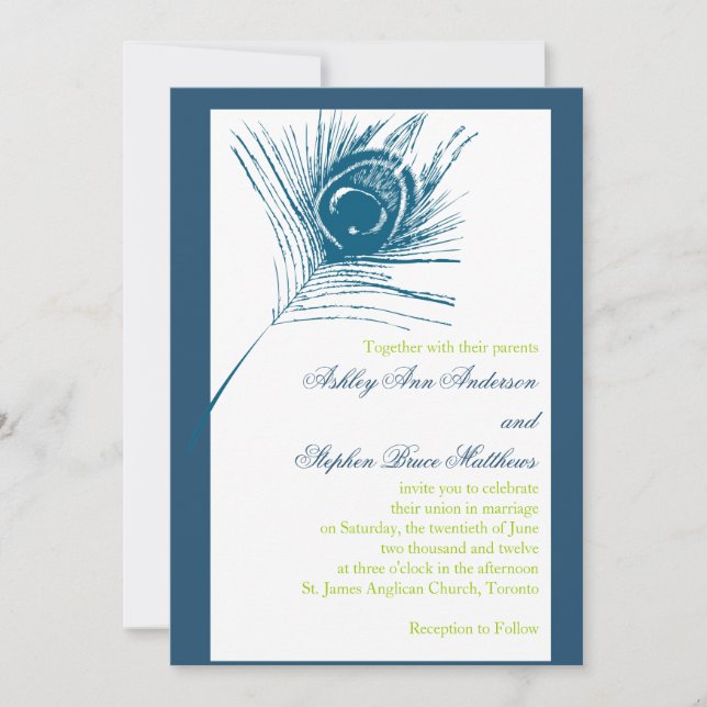 Invitation Vert bleu d'invitations de mariage de plume de (Devant)
