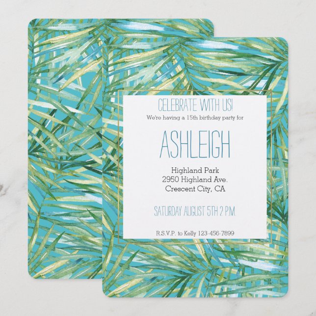 Invitation Vert bleuAquarelle tropicale Feuille Anniversaire (Devant / Derrière)