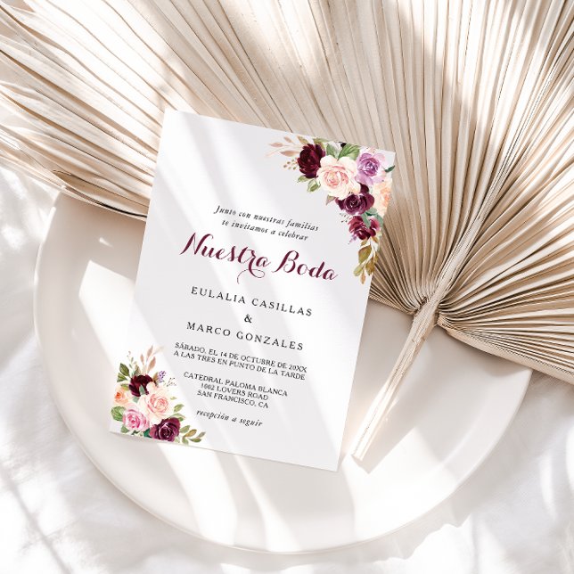 Invitation Vert Brousse Bourgogne Floral Mariage espagnol (Créateur téléchargé)