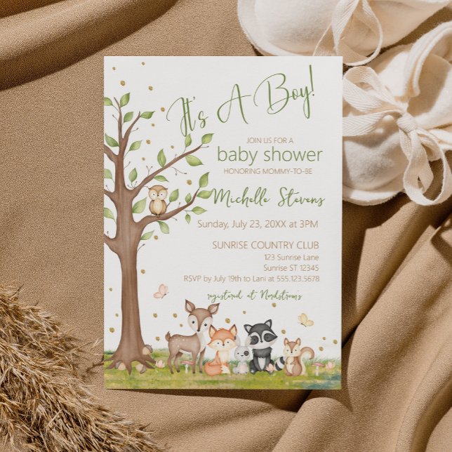 Invitation Vert Brown Garçon Aquarelle Bois Animaux (Créateur téléchargé)
