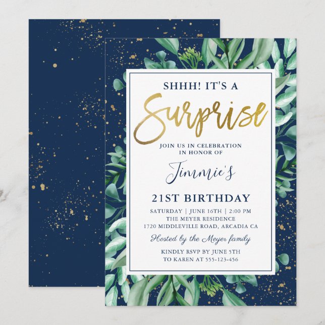 Invitation Vert chic Marine Blue Gold Surprise Anniversaire (Devant / Derrière)