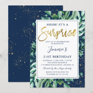 Invitation Vert chic Marine Blue Gold Surprise Anniversaire