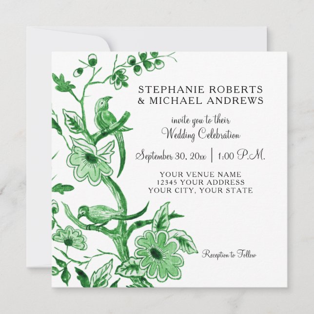 Invitation Vert Chinoiserie Asiatique Chine Floral Aquarelle (Devant)