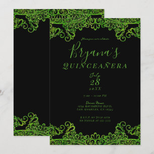 Invitation Vert Citron Pailleté Noir Quinceañera  