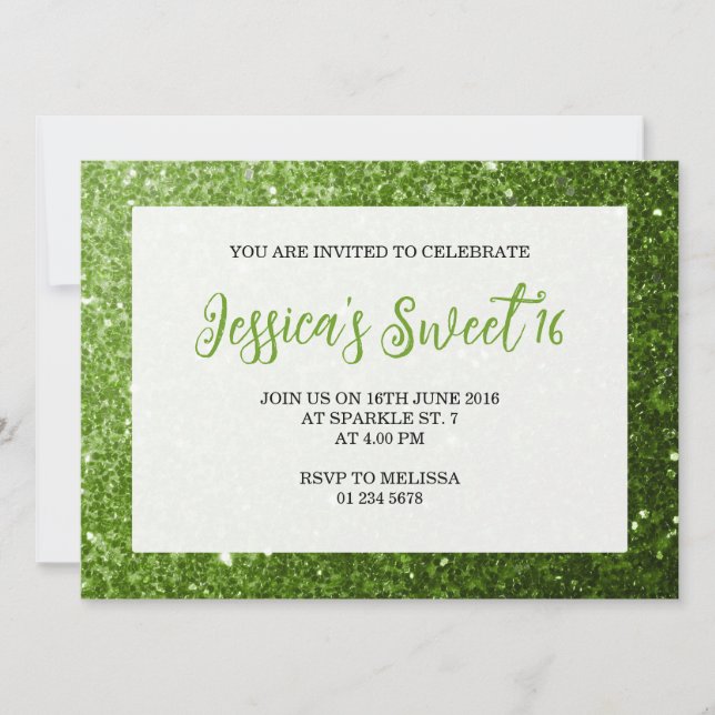 Invitation Vert clair étincelles Sweet 16 élégant script (Devant)