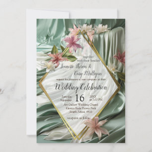 Invitation Vert, Crème, Draps De Soie Et Fleurs De Pinkish