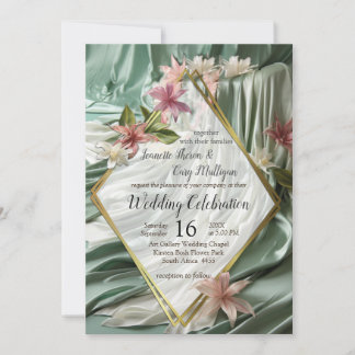 Invitation Vert, Crème, Draps De Soie Et Fleurs De Pinkish