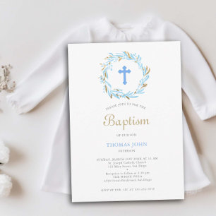Invitation Vert Croix Bleue Or Élégant Baby Boy Baptism