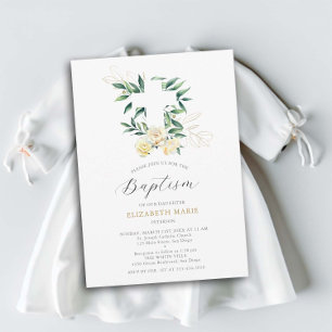 Invitation Vert Croix Jaune Floral Baby Toddler Baptême