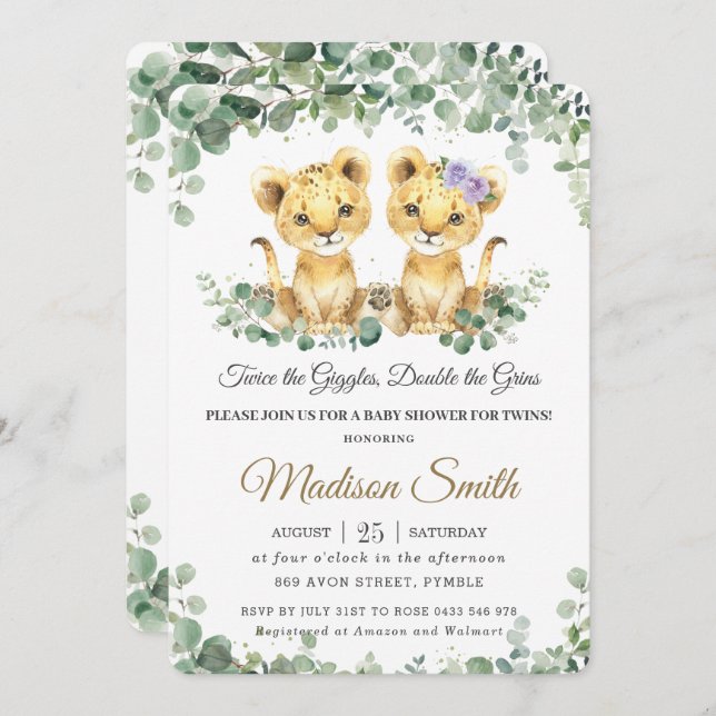 Invitation Vert Cute Lion Cubs Twins Boy Girl Baby shower (Devant / Derrière)