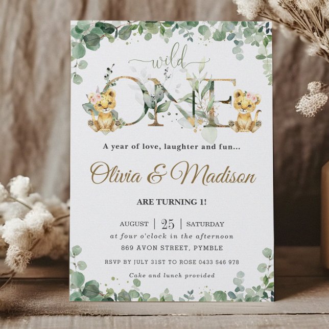 Invitation Vert Cute Lion Cubs Twins Girls 1er anniversaire (Créateur téléchargé)