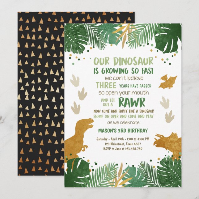 Invitation Vert de garçon de partie de Dino et anniversaire (Devant / Derrière)