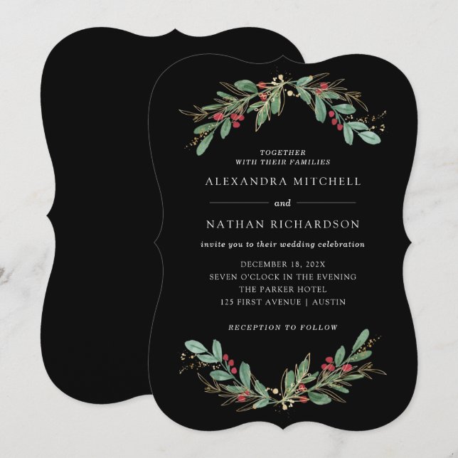 Invitation Vert doré Noir | Mariage de Noël (Devant / Derrière)