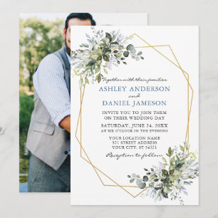 Invitation Vert Dusty Blue Geo Frame Photo Retour Mariage