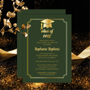 Invitation Vert élégant   Gold Casquette College Graduation P