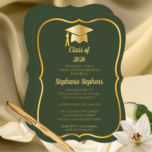 Invitation Vert élégant   Gold Casquette Graduation Party