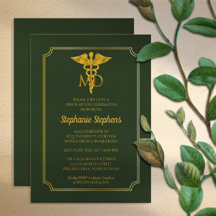 Invitation Vert élégant Gold MD Physician Graduation Party
