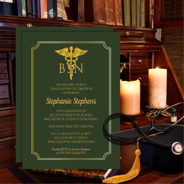 Invitation Vert élégant | Gold Nurse BSN Graduation Party (Elegant Green and Gold Tone Nurse "BSN" Graduation Announcement and Party Invitation Print | Digital)