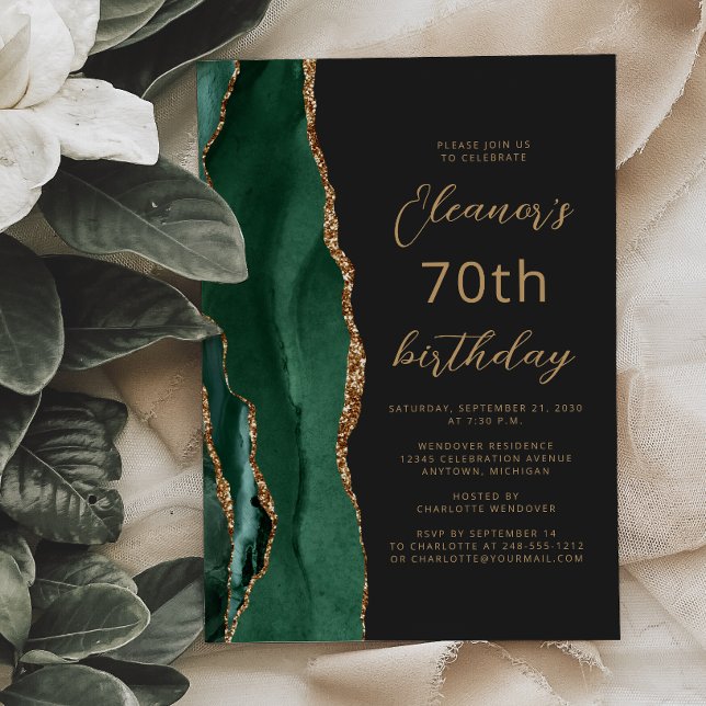 Invitation Vert émeraude Agate dorée Foncé Script 70e Anniver (Créateur téléchargé)